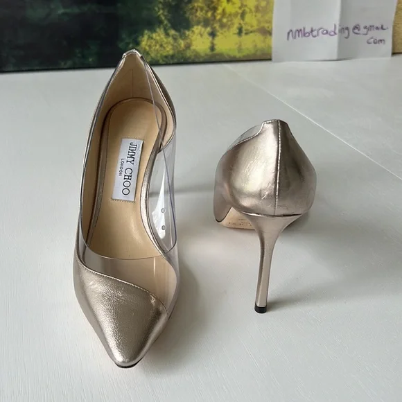 Jimmy Choo champagne color & plastic trim 8.5M(38.5) pointed toe classic pumps